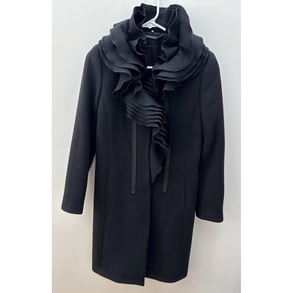 Elie Tahari Woman's Black 100% wool ruffle front Coat Size X-Small - Picture 3 of 16